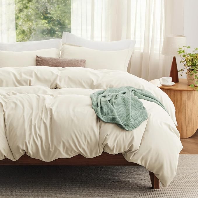 Bedsure California King Size Duvet Cover with Fitted Sheet - 4 Pieces Prewashed Cotton-Like Polyester Soft Bedding Set, Includes 1 Duvet Cover 104''x98'', 2 Pillow Shams, 1 Fitted Sheet, Oat Milk