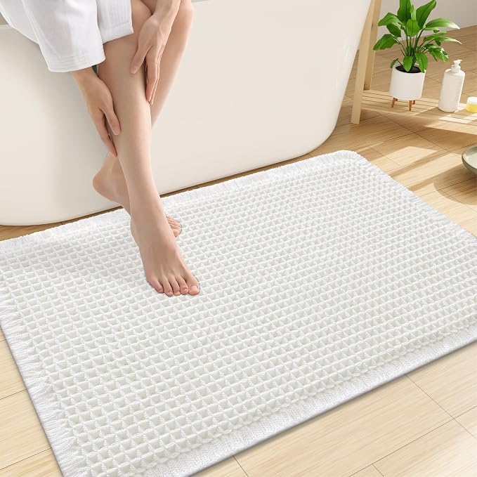 Smiry Waffle Bath Mat 30x20, Extra Soft Absorbent Bathroom Rugs, Non Slip Machine Washable Quick Dry Bath Rugs for Bathroom Floor, Tub, Shower, Home Decor Accessories, White