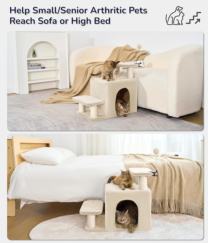 Happi N Pets Cat Stairs with Cat Scratching Post & Large Condo, Stable Pet Steps for High Beds Couch, 3 Combinations Ramp Tree Tower for Cats or Small Dogs, Removable Cushion & Bonus Toy, Beige