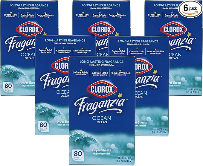 Clorox Fraganzia Fabric Softener Dryer Sheets Fresh Ocean Breeze Scent Wrinkle Reducing Anti-Static Formula Softens Fabrics Clothes Linens Bedding and Towels Fresh Laundry 80 Count 6 Pack