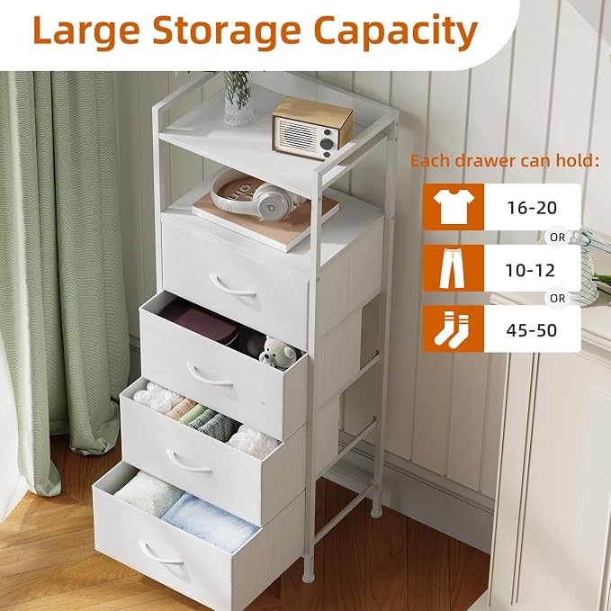 Somdot White Nightstand with 4 Drawers, Vertical Storage Tower Fabric Dresser for Bedroom, Bedside Table Furniture, Sturdy Steel Frame, Wooden Top & Easy Pull Fabric Bins