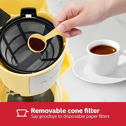 Holstein Housewares 5 Cup Drip Coffee Maker – Compact and User-Friendly with Auto Pause & Serve, Reusable Filter, Measuring Spoon & Glass Carafe, Office & Dorm Use, Yellow