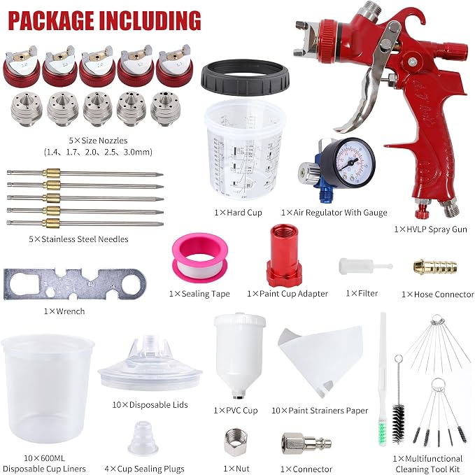 HVLP Spray Gun Kit with 10 Disposable 600ML Paint Cups & 5 Nozzles | 1.4/1.7/2.0/2.5/3.0mm Nozzles Gravity Feed Spray Gun & Disposable Paint Cups for Auto Painting, Primer (Red Wine)