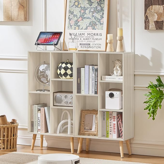 LEYAOYAO 5 Cube Bookshelf,Mid-Century Modern Bookcase with Legs,Light Grey | 3 Tier Book Shelf,Rustic Wood Bookshelves Freestanding Small Storage Organizer, Open Shelves for Bedroom, Living Room, Office