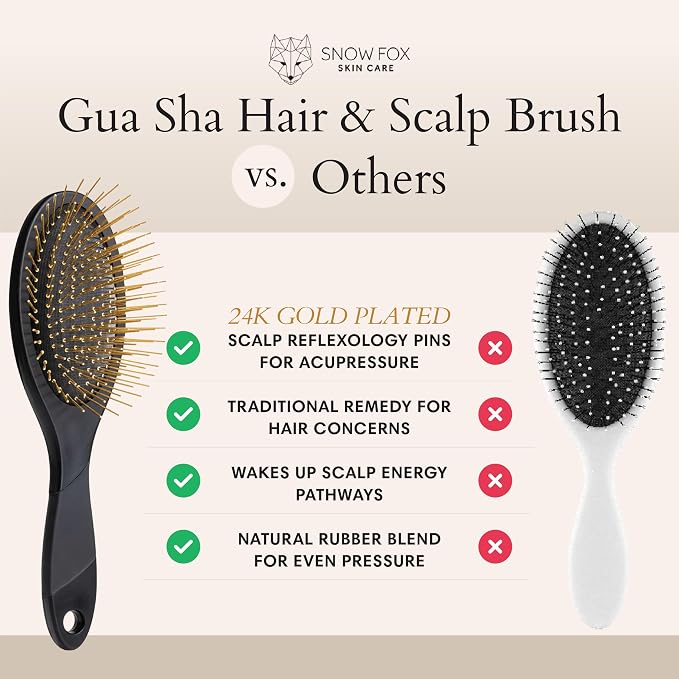 Snow Fox Skincare Gua Sha Hair Brush - Black Edition. Scalp Massage Comb with Gold-Plated Metal Bristles for Healthy Follicles. Soothing Gua Sha Acupressure Tool for All Hair Types