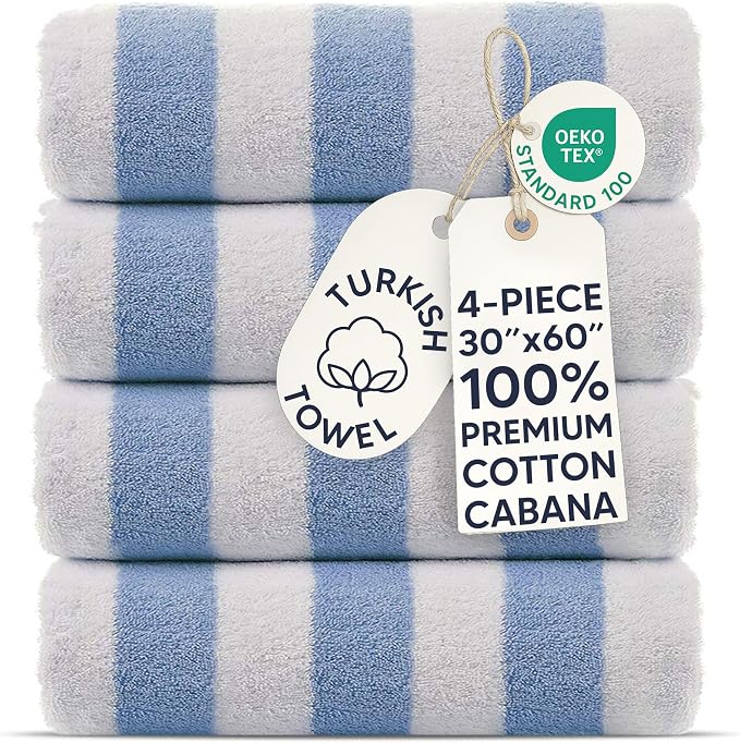 Chakir Turkish Linens Premium Quality 100% Cotton Turkish Cabana Thick Stripe Pool Beach Towels 4-Pack (Light Blue, 30x60 Inch)