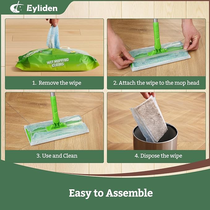 Eyliden Large Sweeper Mop, 16.5" Wide - Lock Tight Design No Lost Pads - 34 Disposable Dry & Wet Cloths, 58" Adjustable Handle, Dust Mops for Pet Hair, Hardwood Floors, Universal Refills