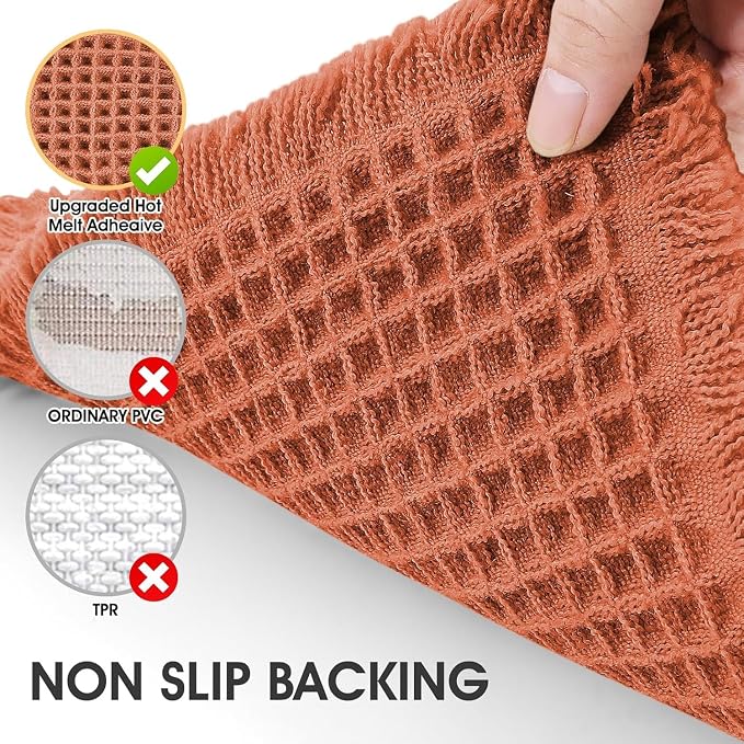 IM HOME Waffle Bath Mat Set 2 Piece Burnt Orange,Woven Modern Bath Rug Mats, Absorbent Non Slip Bath Floor Mat, Soft Washable Boho Bath Rugs with Tassels for Bathroom, Bedroom, Kitchen, Tub