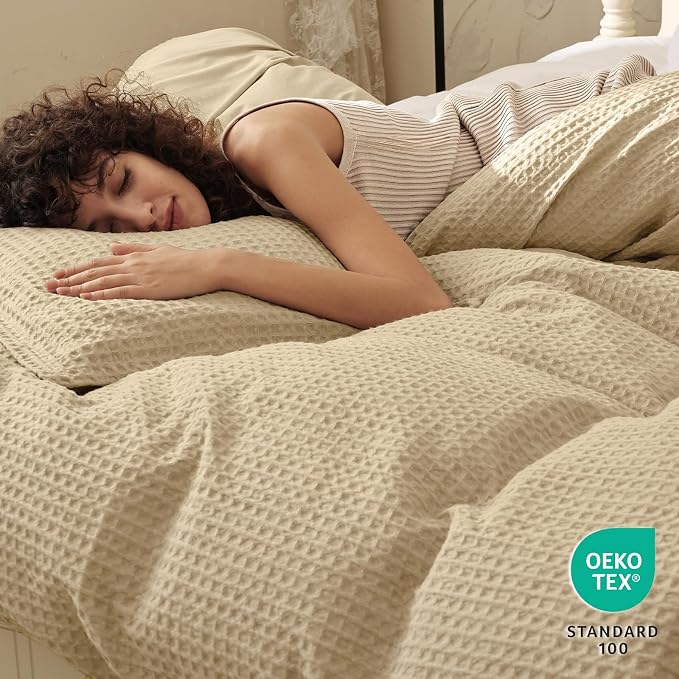 PHF Waffle Weave Duvet Cover Set Queen Size, No Snagging Ultra Soft Luxury Textured Breathable Comforter Cover for All Season 3pcs, Durable Bedding Duvet Set with 2 Pillow Shams, 90"x90", Khaki