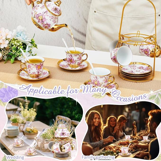 Zhehao 20 Pcs Porcelain Tea Set with Metal Holder and Spoon Adult Ceramic Tea Set European Flower Painting Teapot Cup Saucer Spoon for Women Mom Gift, Large Version (Purple Style)