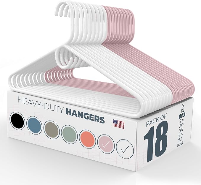 Heavy Duty Clothes Hangers 18 Pack – Made in the USA – 8lb Capacity Plastic Hangers for Adult Clothing – Durable for Pants, Coats, Jackets, or Jeans – White & Pink