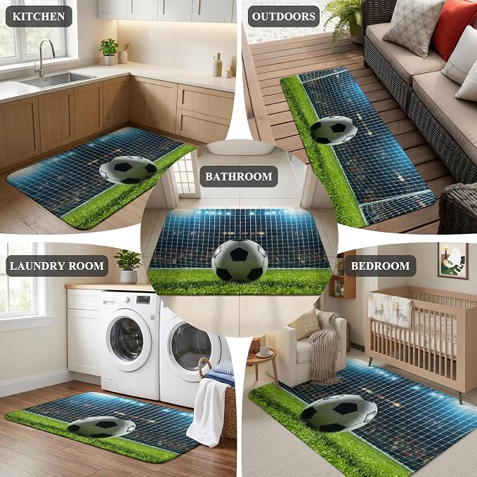 Football Bathroom Runner Rugs Non Slip Washable Absorbent Narrow Long Bath Mat Soccer Ball Sports Net Mesh Evening Match Runner Rugs for Kitchen Hallway Bedroom Laundry Study Room 31.5"x78.7"