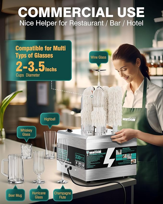 WantJoin Commercial Wine Glass Polisher Machine, 330 Cups/Hour 1300W Automatic Dryer with 5 Brushes, 304 Stainless Steel & Soft Cotton Brushes for Bar Restaurant Kitchen