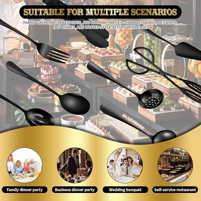 32 Piece Stainless Steel Serving Utensils Set - Complete Buffet Serving Spoons, Tongs, Ladles, Spatulas for BBQ, Parties, Weddings, Catering and Events (Black)