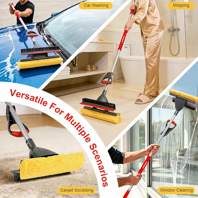 Sponge Mop for Floor Cleaning, Home Commercial Pop-up Cellulose Sponge Roller Mop with 2 Refill Heads, Includes Squeegee and Brush for Hardwood Tile Concrete Bathroom Kitchen Wall Ceiling