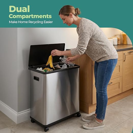 HOLDN’ STORAGE 60L Dual Kitchen Trash & Recycling Bin, Motion Sensor Opening, Soft-Close Lid, Removable Inner Buckets, Stainless Steel, 2 Trash Bag Rolls Included