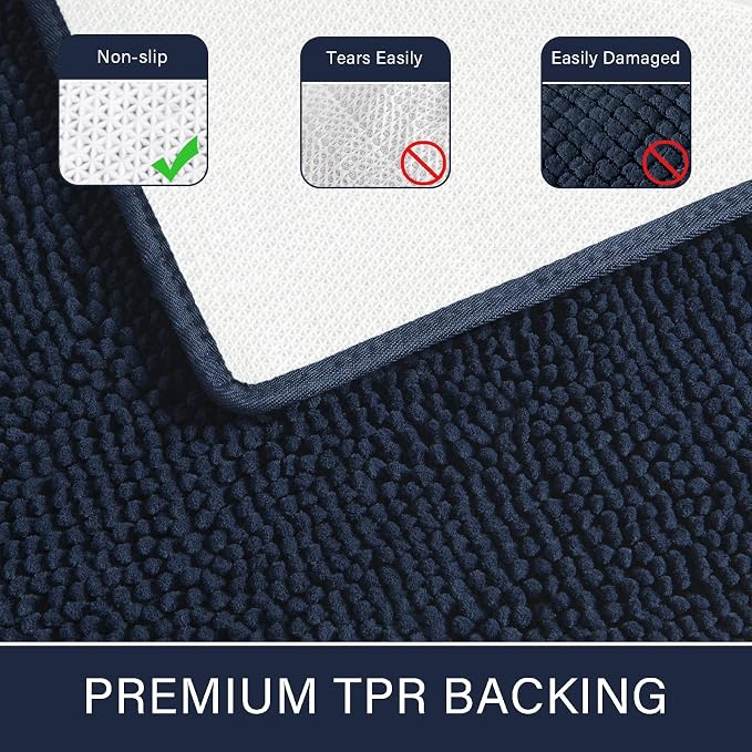 LOCHAS Luxury Bathroom Rug Shaggy Bath Mat 24 x 44 Inch, Navy | Washable Non Slip Bath Rugs for Bathroom Shower, Soft Plush Chenille Absorbent Carpets