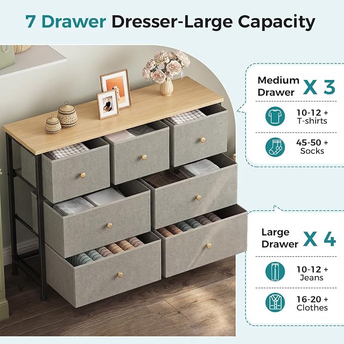 OLIXIS 7 Drawer Dresser for Bedroom, Tall Fabric Storage Tower with Sturdy Steel Frame and Wooden Top, Large Dresser for Living Room Entryway with Easy Pull Fabric Bins,Dark Green
