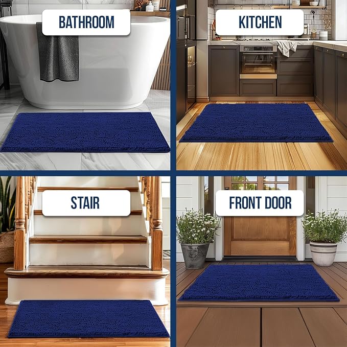 Muddy Mat® | Chenille Bathroom Rugs Quick Dry Microfiber Mats Non Slip Washable, Extra Thick, Soft and Highly Absorbent Bath Mats for Bathroom, Kitchen, and Shower Floor - Navy Blue 36"x60"