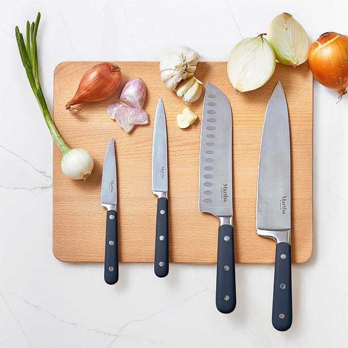 MARTHA STEWART Eastwalk 14 Piece High Carbon Staineless Steel Cutlery Set w/ABS Triple Riveted Forged Handle Acacia Wood Block - Navy Blue