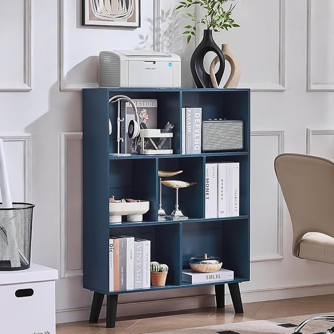 LEYAOYAO Cube Bookshelf, Mid-Century Modern Book Shelf with Legs, Dark Blue | 3 Tier Bookcase, Rustic Wood Bookshelves Freestanding Small Storage Organizer, Open Shelves for Bedroom, Living Room, Office