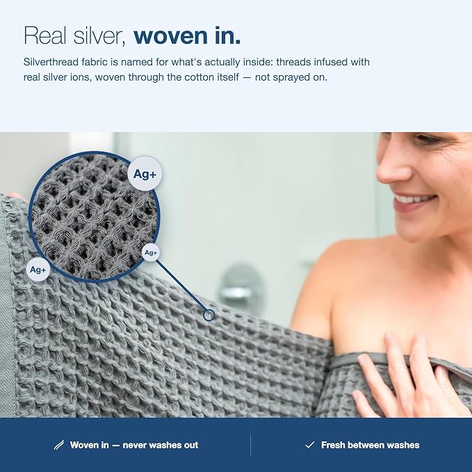 SUTERA Silverthread Bath Towel | Antimicrobial Towel with Silver Ion Technology | Waffle Weave Design, Plush, Lightweight, and Quick-Drying for Everyday or Spa Use | 31" x 57" (White) | Silver Ion technology keeps towels fresh. California-grown Pima co...
