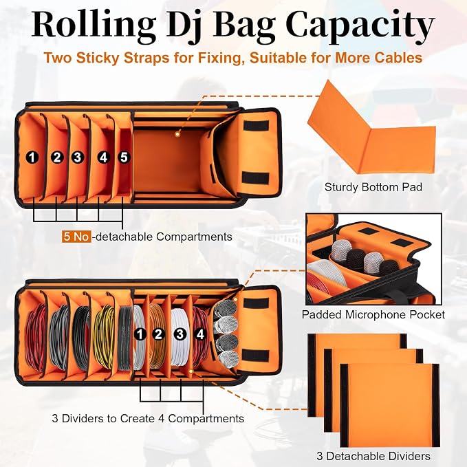 Rolling Dj Cable Bag with Laptop and Microphone Pocket, Dj Bag for Equipment and Music Accessories with Detachable Dividers, Bottom Pad, Dj Gig Bag for Musicians, Professional, Travel, Orange