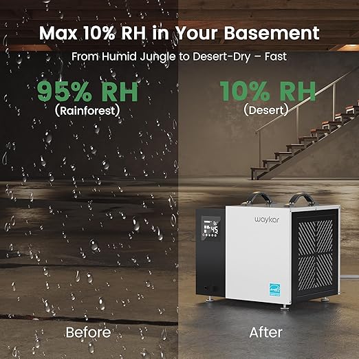 Waykar 70 Pint Energy Star Crawl Space Dehumidifier with Drain Hose for Basements, Commercial & Water Damage Spaces up to 5000 Sq. Ft., Compact, Strong Dehumidification, 5-Year Quality Coverage