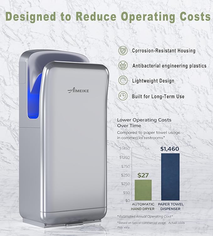 Commercial Vertical Hand Dryer, 110V High Speed, Silver | Touchless electric hand dryer for bathrooms, restrooms, offices, hotels, schools, and high-traffic public spaces.