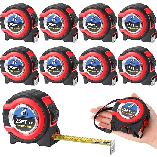 Youyole 10 Pack Tape Measure with Fractions 1/8 Steel Measuring Tape Retractable Easy Read Measurement Ruler Steel Power Blade (25 ft X 1 in,Red)