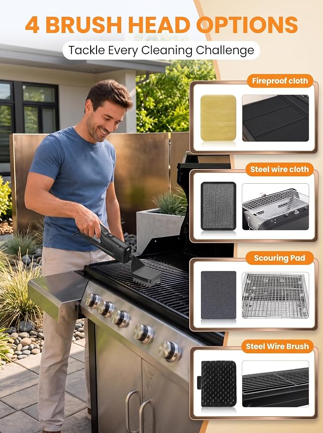 Electric Grill Brush with LED Light, Grill Cleaner for Outdoor Grill（Black） | Reciprocating Cleaning Action, Hot Grill Cleaning, Brushless Motor, 3-5H Runtime, LED Light, Ergonomic Handle, 4 Heads Kit