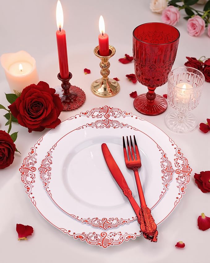 Nervure 350PCS Red Plastic Plates - White Red Plastic Dinnerware Set for 50 Guests - 100 Red Disposable Plates, 50 Pre Rolled Cutlery Set, 50 Cups Perfect for Wedding & Party