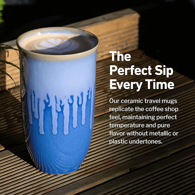 NOVA CERAMICS Ceramic Tumbler– Blue Ceramic Mug – Microwave & Dishwasher Safe Coffee White & Orange Tumbler - Leak-Proof Coffee Travel Mug – 16oz – Neptune
