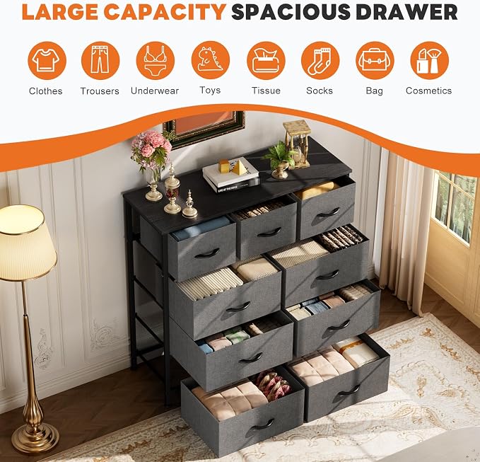 Sweetcrispy 9 Drawer Fabric Dresser Storage Tower Drawer Organizer, Grey | Sturdy steel frame with wood top,easy-pull handles,Space-saving organizer chest for bedroom, closet, Lightweight and stable