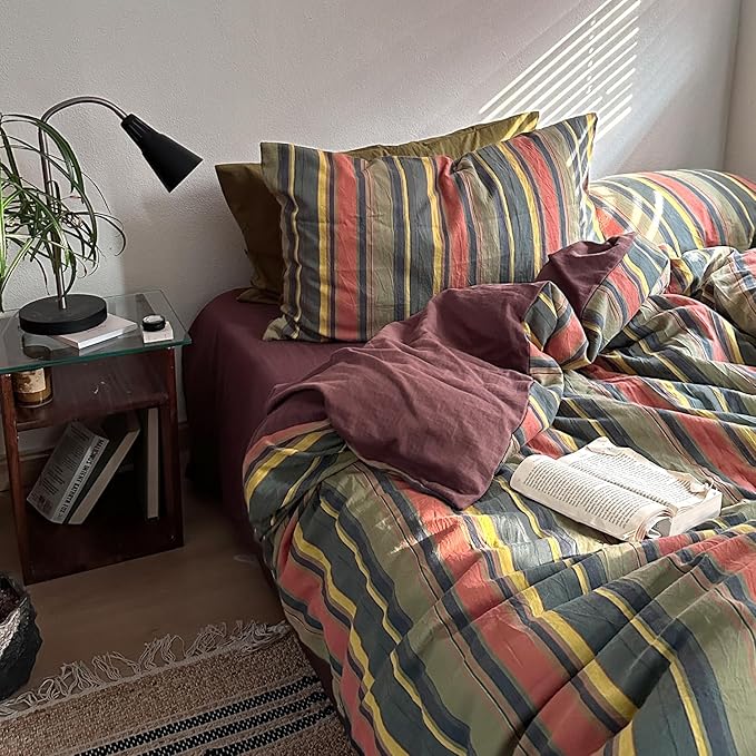 mixinni Vintage Striped Duvet Cover Set Queen Size - 3 Piece 100% Washed Cotton Bedding Set, Soft & Breathable, Colorful Striped Pattern Printed Comforter Cover for All Seasons