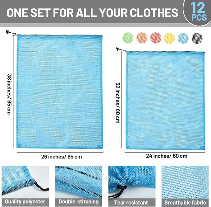 Berlune 12 Pcs 38x26 in Large Laundry Bag Colorful Extra Large Mesh Laundry Bag Bulk with Drawstring Heavy Duty Mesh Machine Washable Drawstring Pouch