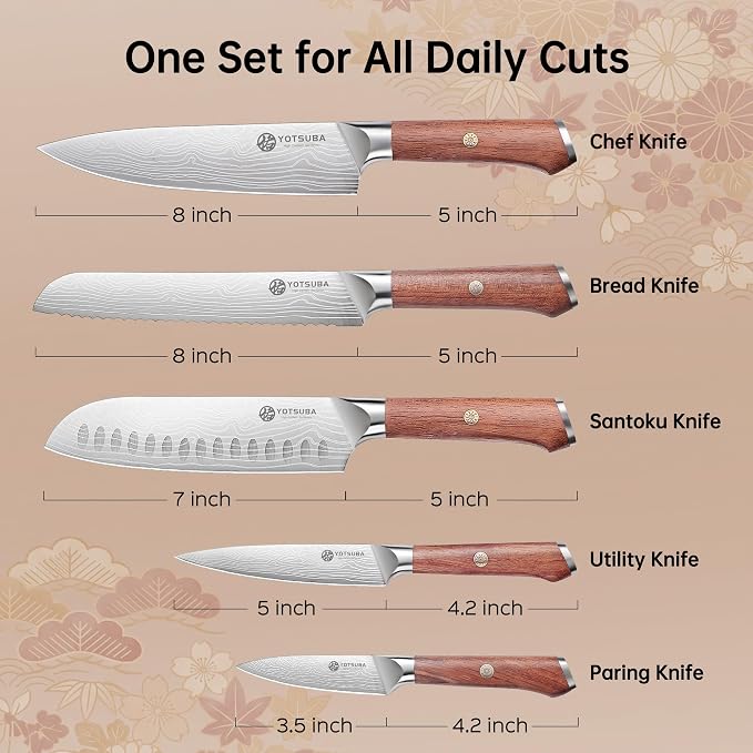 YOTSUBA 5 PCS Japanese Kitchen Knife Set with Ergonomic Natural Rosewood Handle, Razor Sharp High Carbon Stainless Steel Chef Knives, Premium Gift Box for Home Chefs