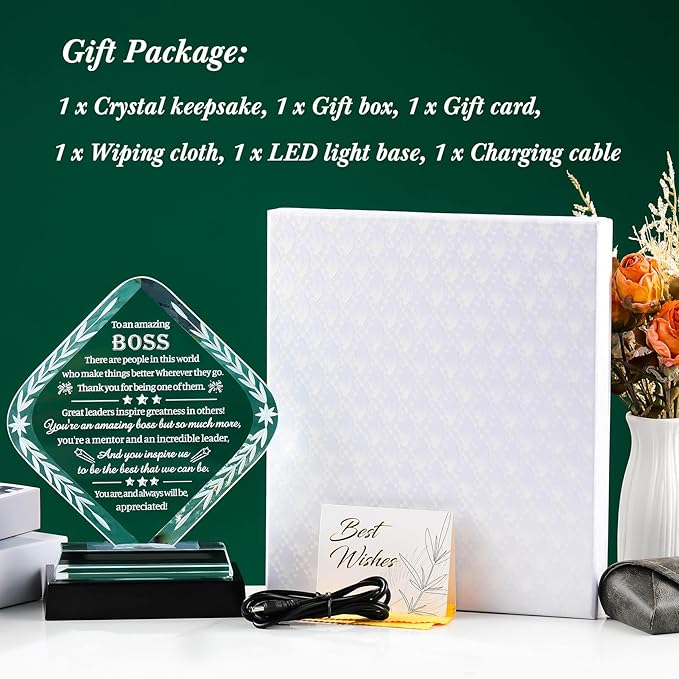 Movdyka Best Boss Gifts for Men Women Crystal Plaque Keepsakes with Colorful Light Base Great Boss Appreciation Thank You Farewell Retirement Gifts for Boss Day Birthday Office Decor