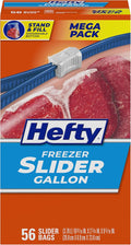 Hefty Slider 1 Gallon Freezer Bags, 56 Count, Gallon Slider Bags for Freezer, Holds Raw Meat, Soups, Prepped Fruits and Veggies, and More, Writable Label, Secure Zip and Click Closure