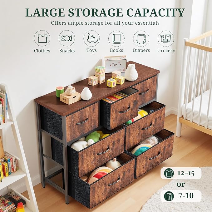 7-Drawer Dresser for Bedroom, Anti-Tip Wide Storage Organizer Fabric Chest of Drawers TV Stand for 45" TV with Wooden Top and Metal Frame for Closet, Living Room, Hallway, Entryway, Brown