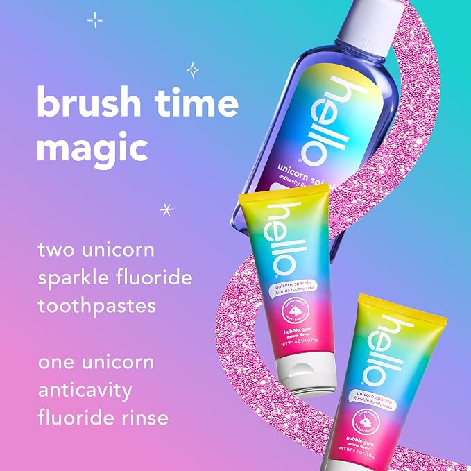 Hello Unicorn Sparkle Kids Toothpaste with Fluoride and Unicorn Splash Kids Mouthwash with Fluoride Bundle Pack, No Alcohol Formula, Natural Flavor Bubblegum Mouthwash and Toothpaste | Natural Bubble Gum Flavor, For Kids Ages 2 and Up, Two 4.2 oz Fluor...