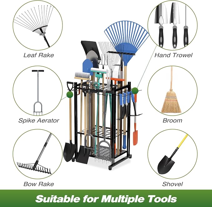 Sttoraboks Garden Tool Organizer Rack Up to 50 Tools, Heavy-Duty Steel Yard Tool Organizer for Garage Storage with 11 Hooks, Broom Holder & Garden Tool Rack for Shed, Patio, Outdoor Use, Black
