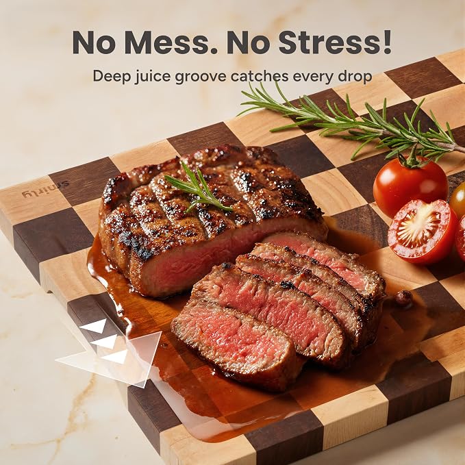 SMIRLY Cutting Board for Kitchen, 3 Pcs Rubberwood Cutting Board with Stand | Non Toxic Checkered Cutting Board with Juice Grooves and Handles, Multiple Sizes Wood Chopping Boards for Meal Prep