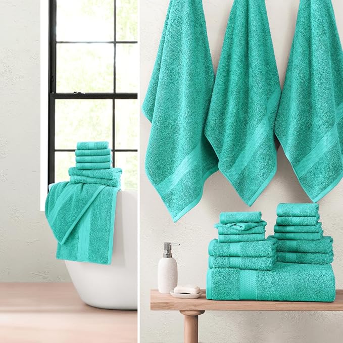 LANE LINEN 24 PCs 100% Cotton Bath Towels Set - Quick Dry, Ultra Soft & Ultra Absorbent - 4 Bath, 4 Fingertip, 6 Hand Towels, 8 Washcloths, 2 Bath Sheets - Home & Guest Bathroom Towels - Teal | Dorm Towel Set - Terry Weave Comfort, Soft & Long-Lasting,...