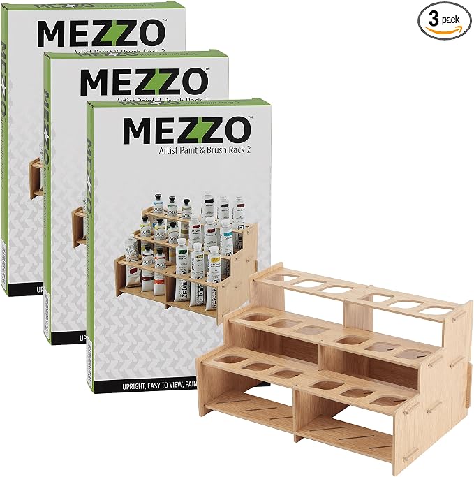 HG Art Concepts Mezzo Artist Paint and Brush Racks - Wood Grain Laminate Multi Layer Desk Stand Professional Storage Display Organizer for Paintbrushes and Tubes - Straight Rack, 3 Pack
