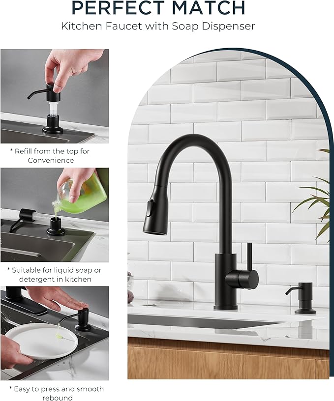 FORIOUS LED Kitchen Faucet with Soap Dispenser, Pull Down Sprayer, Black | Stainless Steel Single Handle, Transitional Bar Sink Faucet with LED Light Sprayer, Suitable for Outdoor Rv Laundry Camper