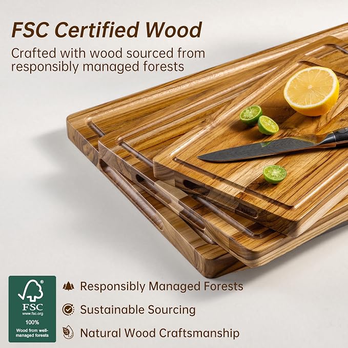 Teak Wood Cutting Board Set of 3 Wooden Cutting Boards for Kitchen | Premium Teak Wood • FSC Certified • Deep Juice Groove • Built-In Handles • Non-Slip Feet • 3 Practical Sizes • Gift-Ready Box