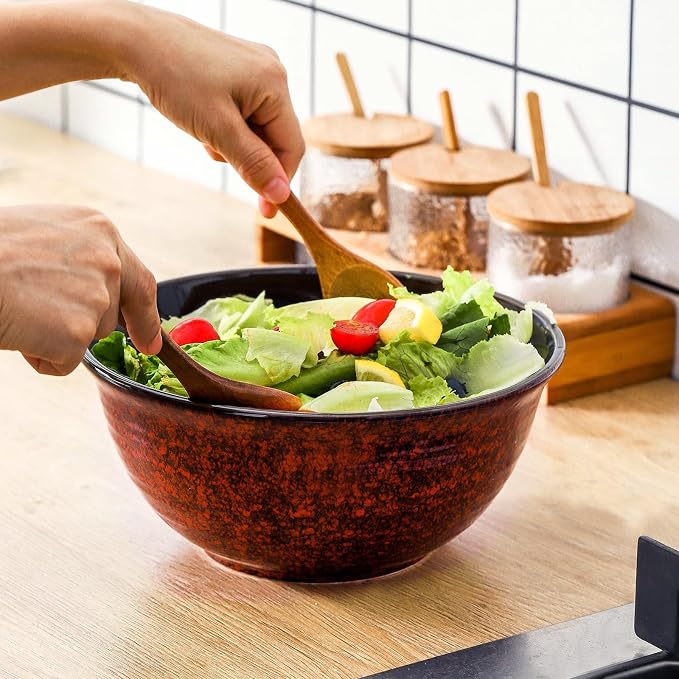 HASENSE Serving Bowls, 84 Ounce Ceramic Mixing Bowls Set of 2 for Kitchen, Large Salad Nesting Bowls for Cooking,Baking,Soup,Pasta,Fruit, Microwave & Dishwasher Safe(Red)