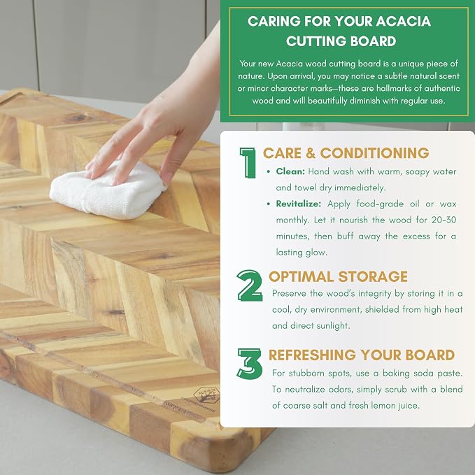 Herringbone Acacia Wood Cutting Boards for Kitchen, 1.5 in Thick Butcher Block Construction for Stability, 20 x 15 in Large Cutting Boards with Gift Box, Juice Groove and Handle