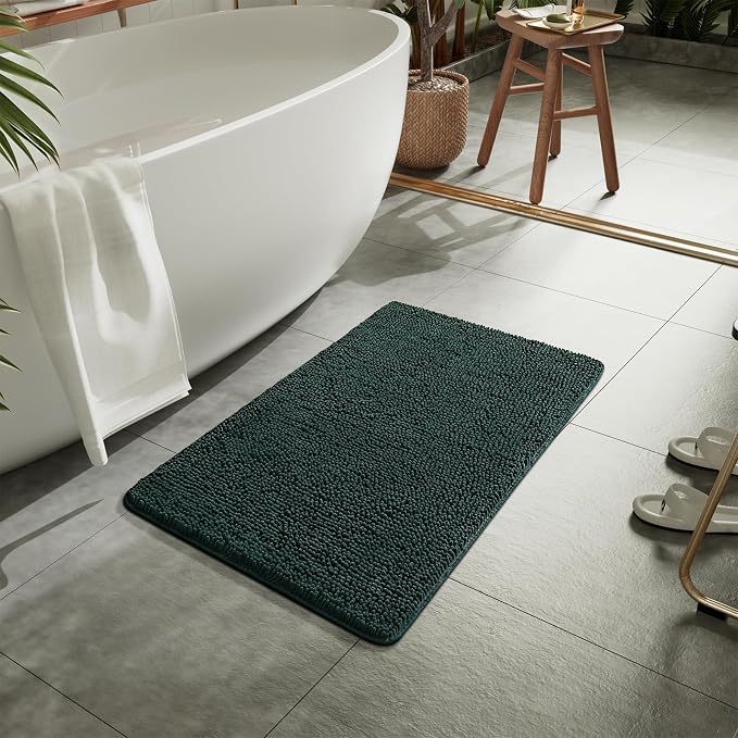 LOCHAS Luxury Bathroom Rug Shaggy Bath Mat 20 x 30 Inch, Hunter Green | Washable Non Slip Bath Rugs for Bathroom Shower, Soft Plush Chenille Absorbent Carpets